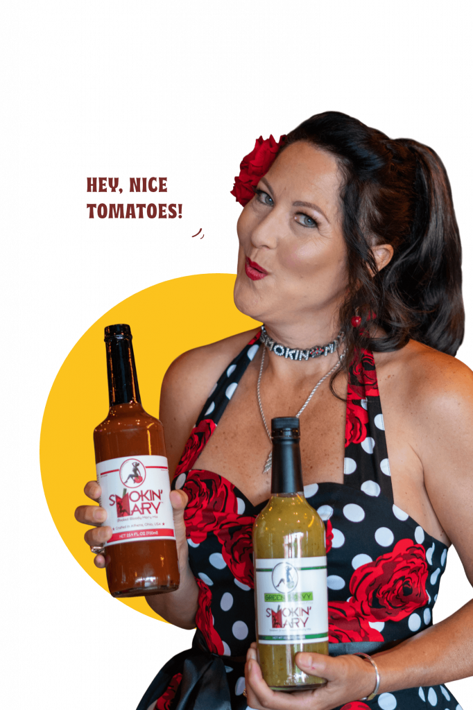 Laurie Nadeau, the girl in the polka dot dress holding smokin' mary bottles, to make the best bloody mary at home